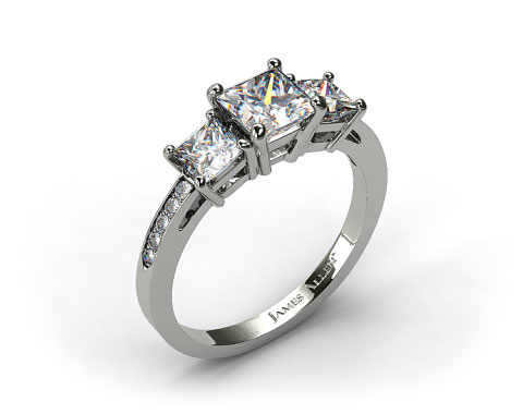 18k White Gold Three Stone Princess and Pave Set Diamond Engagement Ring